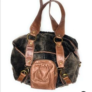 Clever Carriage Company Double Handle Satchel Brown Leather Shearling Brass